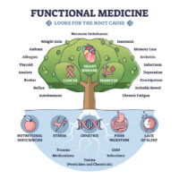 Functional medicine as treatment with looks for root cause outline diagram