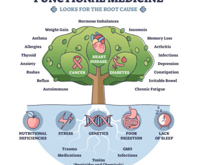 Functional medicine as treatment with looks for root cause outline diagram